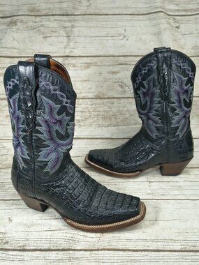 Dan Post  Caiman Leather Western Boots Black Purple Stitch Square Toe Women 8.5
